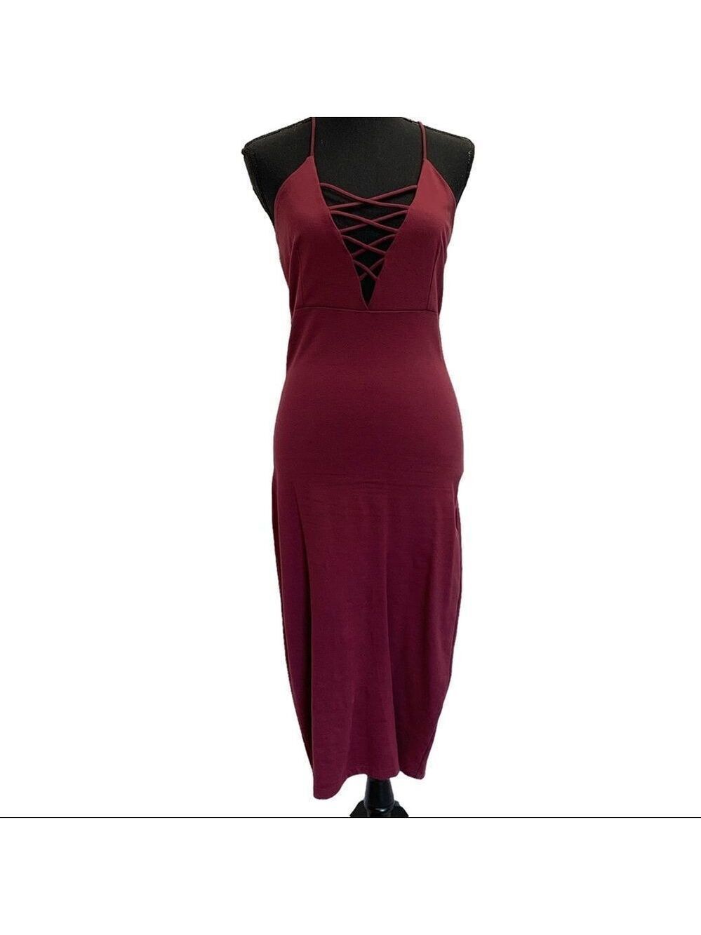 RED plum wine coloured deep V crisscross bodycon stretchy Vegas clubwear dress L